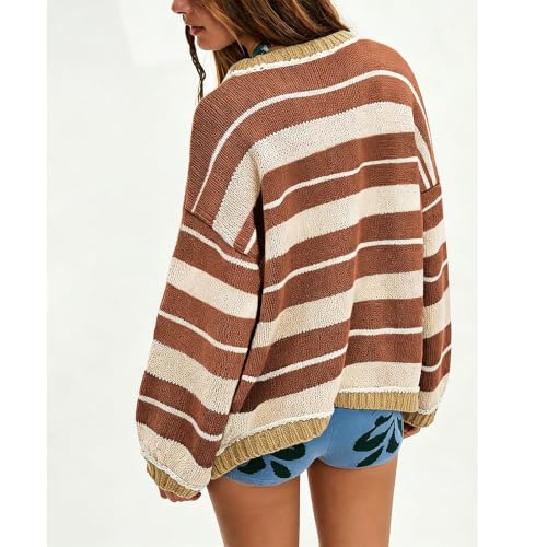 Oversized Sweaters for Women Knit Loose Cute Crew Neck Striped Thermal Tops - image 3