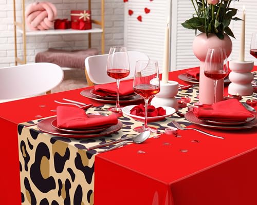 Image of Buryeah Leopard Print Tablecloth 54 x 108'' Leopard Plastic Table Cover Disposable Safari Animal Cheetah Print Party Decorations for Baby Shower Wedding Birthday Party Favors(Red,3 Pcs)