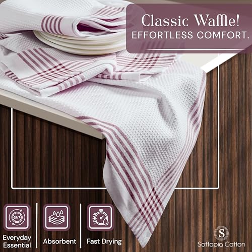 Image of Waffle White & Burgundy Wine Dish Towels Set of 12, 100% Cotton, 16x26 inches, Reusable Cleaning Cloths for Drying Dishes, Quick Dry Kitchen Towel, Durable for Heavy-Duty Use