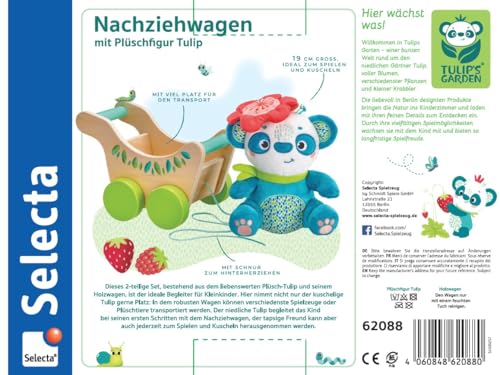Selecta 62088 Tulips Garden, Nachziehwagen mit Plüschfigur Tulip, Schiebe-und Nachziehspielzeug aus Holz, 21 cm