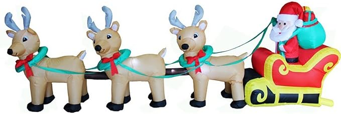 Christmas Inflatable Santa Claus On Sleigh with Three Reindeers Yard Decorations Inflatable Christmas Sleigh for Yard Garden Driveway Large Room Heavy-Duty Stakes 10.8FT with LED Light