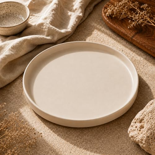 Image of TRESA Stoneware Ceramic Dinner Plate, White with Brown Rim, 10.5 Inch