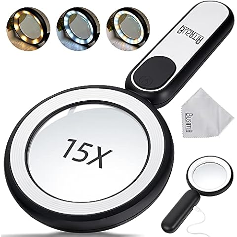BUSATIA Rechargeable Magnifying Glass 15X with 21 LED, Handheld Illuminated Magnifying Glass with 3 Light Modes, 115mm Lightweight Large USB Charged Magnifying Glass for Reading w/ Lens Cloth Cover