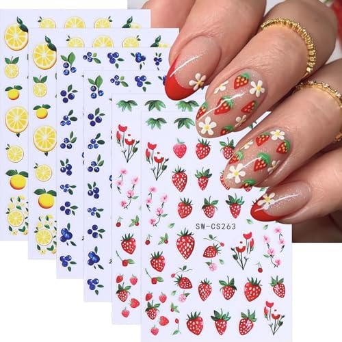 Fruit Nail Stickers Lemon Blueberries Strawberry Nail Decals 6PCS...