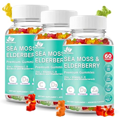 Image of Irish Sea Moss Gummies with Elderberry - USA Made Vegan Gummies with Vitamin C, D & Zinc - Immune Support Supplement with Bladderwrack & Burdock Root for Adults & Kids - 3 Packs