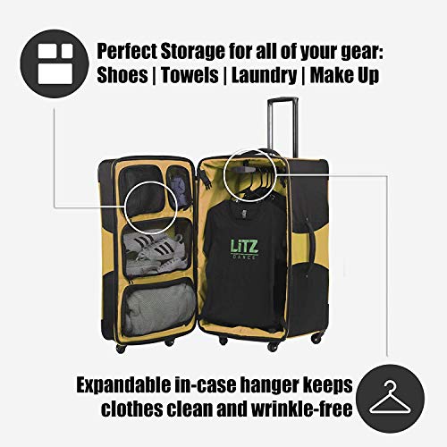 Gold And Black Suitcase - Dance Bag With Garment Rack - Rolling Garment Bag - Hanging Garment Bag - Dance Garment Bag For Costumes - Bag Rack Dance Bags - 29 In Suitcase - LITZ Competition Roller