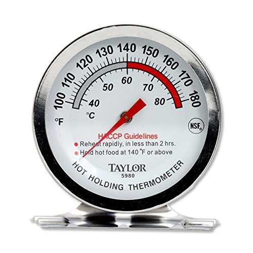 Taylor Precision 5980N Professional Series Hot Holding Thermometer, 2" dial with Stainless Steel casing, 100 to 180 F (38 to 82 C) Temperature Range, HACCP guidelines on dial face, Hangs or Stand...