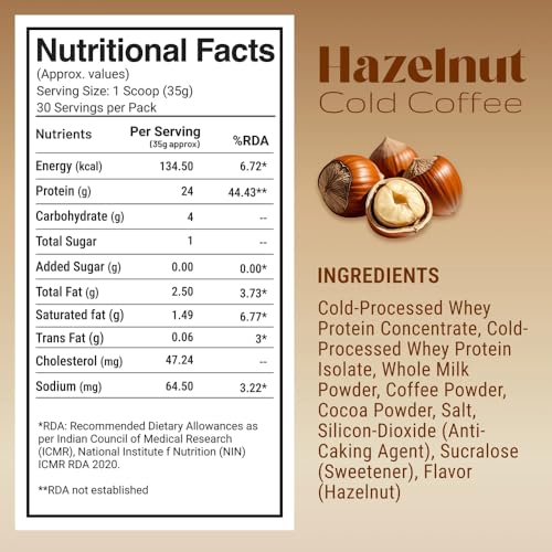 Image of FUELLED Whey Protein Powder Concentrate & Isolate with 24 g Protein, 5 g BCAA (4 kg, 120 Servings) Lab Tested (Hazelnut Cold Coffee)