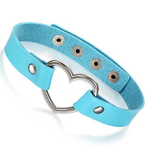 Flongo Choker Leder Halsband Lederhalsband Damen, Leder Halskette Halsband Anhänger Choker Tattoo Kette Blau Silber Herz Einstellbar Verstellbar...