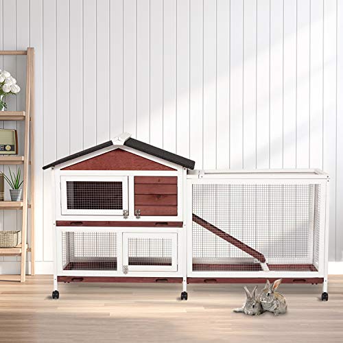 Kinpaw 63\" Rabbit Hutch Indoor Bunny Cage Small Animal House Poultry Coop with Wheels for Guinea Pig Duck with Removable Tray & Ramp - Thumbnail 3