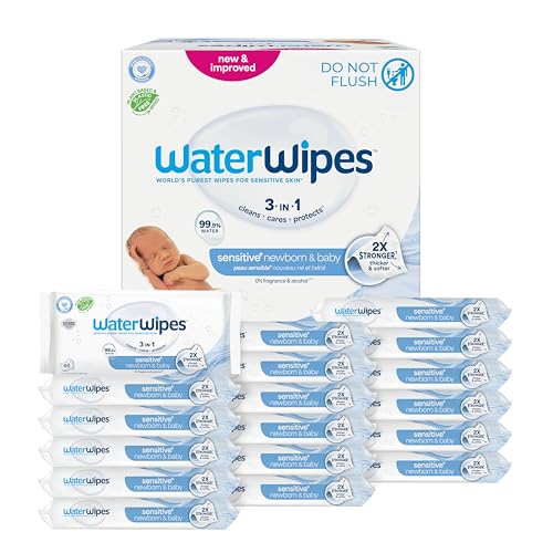Image of WaterWipes Sensitive+ Newborn & Baby Wipes, 3-In-1 Cleans, Cares, Protects, 99.9% Water, Unscented & Hypoallergenic, 1080 Count (18 Packs)