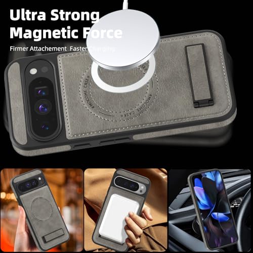 Image of Lunivop for Google Pixel 9 Pro XL Case Leather [Compatible with Magsafe Wireless Charging] Magnetic Cover Stand Funda para Google Pixel 9 Pro XL 6.8 '' 5G 2025 Rugged Best Phone Cases Gray