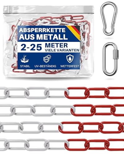 Hochwertige Absperrkette Metall - Verschiedene Längen - Verzinkte Absperrkette Rot Weiß Metall - Absperrung Baustelle Parkplatz Veranstaltungen - 2 5m 5m 10m 15m 25m (2 5 Meter)
