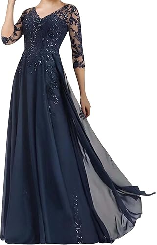 Miniatura 3 de Vestido largo formal de noche con cuello en V, para boda, novio, apliques de encaje, manga 34, para madre de la novia, vestido de novia