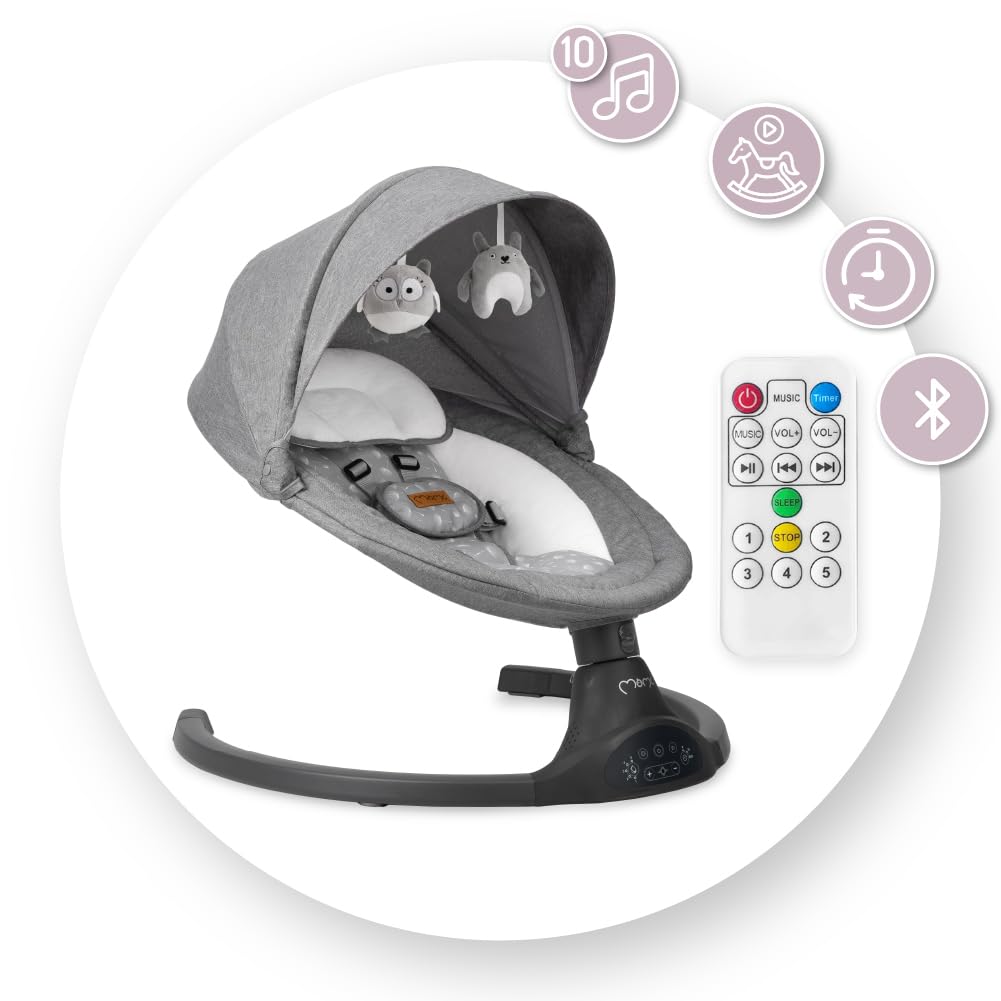 MoMi KENANI Mecedora para Niños hasta 9 kg, Plegable, con Mando a Distancia y Bluetooth, Funciona con Pilas/Electricidad, Arnés 5 Puntos, Visera Solar