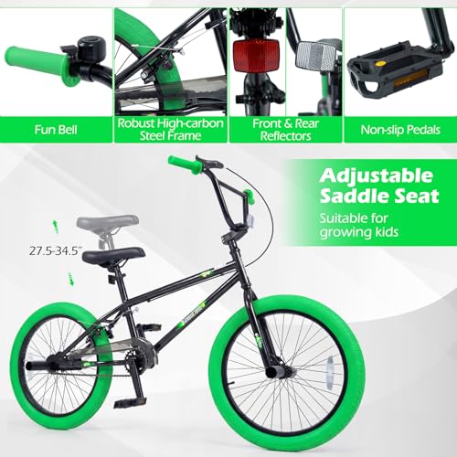 Image of Goplus Freestyle BMX Bike, 20 inch Trick Bicycle w / 360 Degree Steering, 4 Pegs, Adjustable Seat, U-Brake, Hi-Ten Steel Frame, Training Bike for Beginner Riders Teens Youth Boys Girls