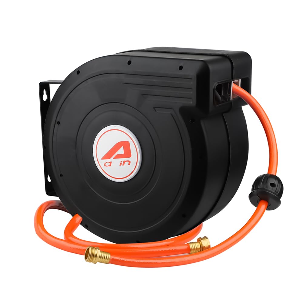Aain Retractable Garden Hose Reel,1/2 inch × 66 ft, Heavy Duty Garden Water Hose Reel,Any Length Lock,Slow Return System,Wall Mounted,and 180°Swivel Bracket for Garden and Outdoor use.(Orange）