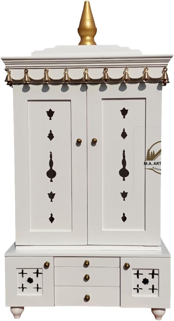 Wooden Temple Mandir White Beautiful Hanging Bells Handcrafted Pooja Ghar Mandir (Design 33)
