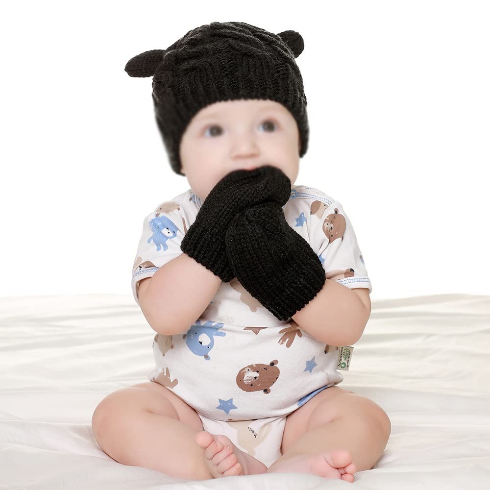 Dziewczęta Chłopcy Zimowa ciepła czapka z dzianiny Ucho Solidna, ciepła, śliczna rękawiczka 2 szt. Urocza czapka typu Beanie 0-18M