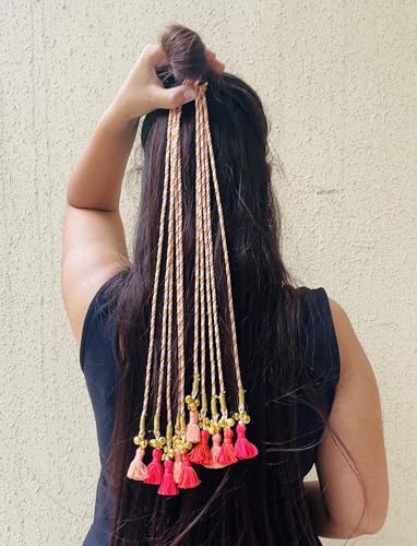 Image of Zippy Flora Handmade Boho Kaner Parandi (Peach) | Traditional Paranda Hair Accessory with Decorative Braid Tassels | Ethnic Hair Extension for Choti & Braided Hairstyles