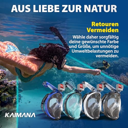 Die Preisgekrönte KAIMANA® Schnorchelmaske für Erwachsene & Kinder - absolut CO2 sicher - inkl. Tragetasche - Tauchermaske Erwachsene - Vollgesichtsmaske Tauchmaske