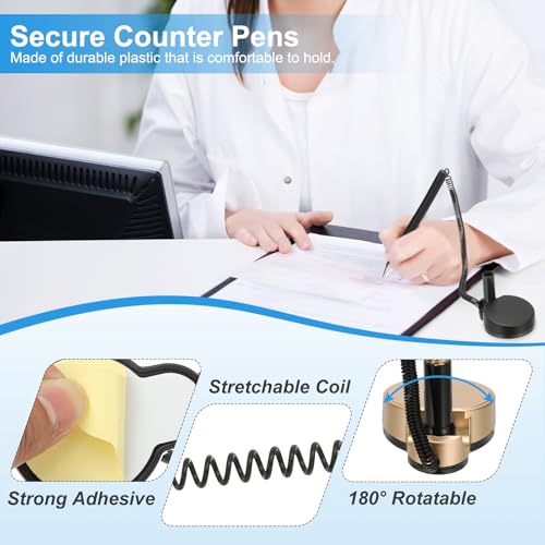 PATIKIL 3 Stück sichere Stift mit Klebebandkette und Sicherheitsstifthalter, Empfangstresenstifte Schreibtischstift Schwarz Tintenfüllungen für Büro Zuhause Zubehör, Runde Basis, Goldton