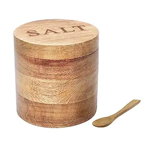 dudki Wooden Salt Box with Magnetic Lid & Wooden Spoon| Round Salt Container| Bowl Pot Jar Salt Box | Mango Wood for Dinning Table| Kitchen Home| Seasonings