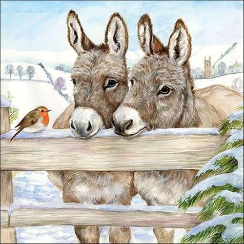 Set of 2 Individual Decoupage Paper Party Napkin Donkeys Robin Bird Snow Watercolor Decor Luncheon Napkins for a Birthday Holiday, Wedding, Cocktail Party