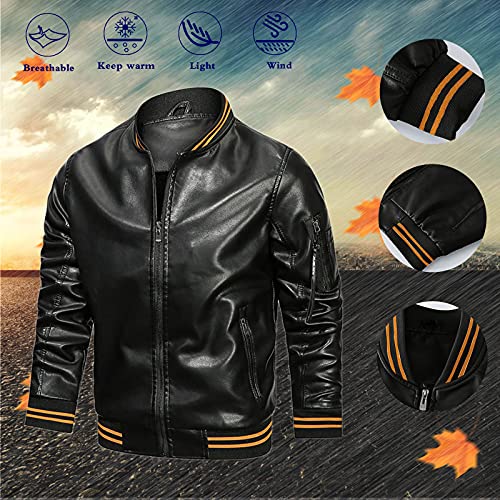 Mens Bomber Jacket Fleece Zipper Stand Collar Multi-Pocket Leather Coat - image 2
