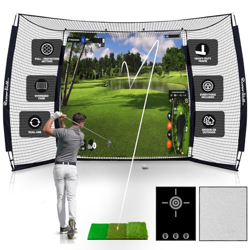 Golf Cage with Impact Screen, 10x8 Ft Golf Hitting Net w/Sound-Dampening Cloth, Practice Mat, Golf...