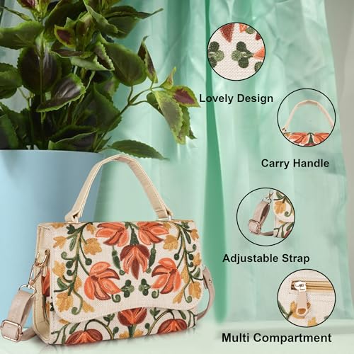 Image of Floral Embroidered Crossbody Sling Bag with Top Handle, Vintage Style Canvas for Women