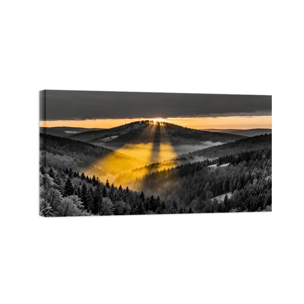 OZPWBVY Black and White Landscape Print Painting-Forest Sunset-Minimalist Canvas Wall Art Picture for Home Ready to Hang 24x42in 60x108cm Wrapped Canvas