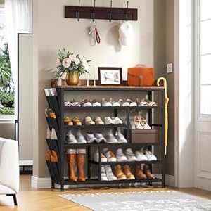   EnHomee-Metal-Shoe-Rack-for-Entryway-with-Boots-Storage-for-22-Pairs-Wood-Shoes-Rack-Wooden-Top-and-Side-Pocket-for-Entry-Entrance-Hallway-Black