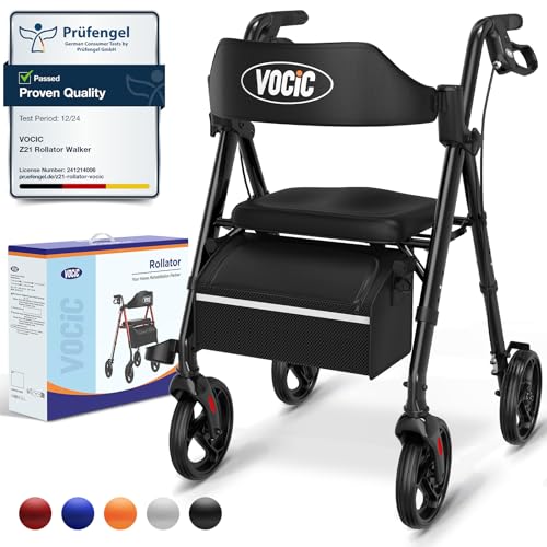 VOCIC Rollator Walker with Seat Brakes Bag Foldable Walking Aid Adjustable Height Lightweight Walker for Disabled 20cm/8 Wheels for All Terrain 5 Year Support Black