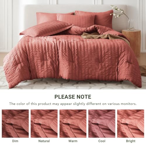 Image of MUXHOMO 7 Pieces Full Comforter Set, Seersucker Bed in a Bag Full Size, All Season Luxury Bedding Set with Comforter, Flat Sheet, Fitted Sheet, Pillowcases & Shams, Coral