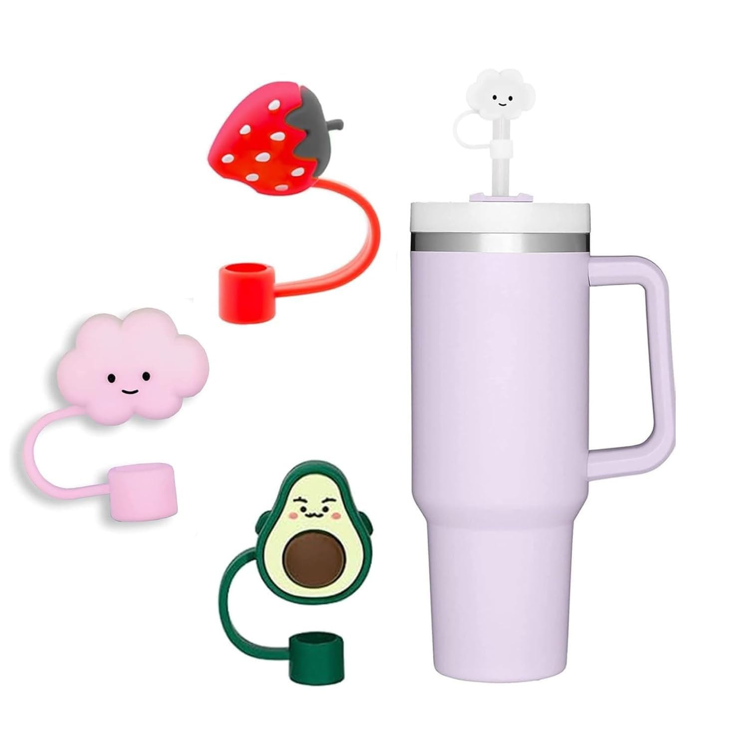 Cute Straw Cap Toppers for Cups & Tumblers – 3D Silicone Avocado, Strawberry & Cloud Design – Reusable Dust-Proof Straw Cover for Stanley & Coffee Mugs (Pack of 2)-image-49