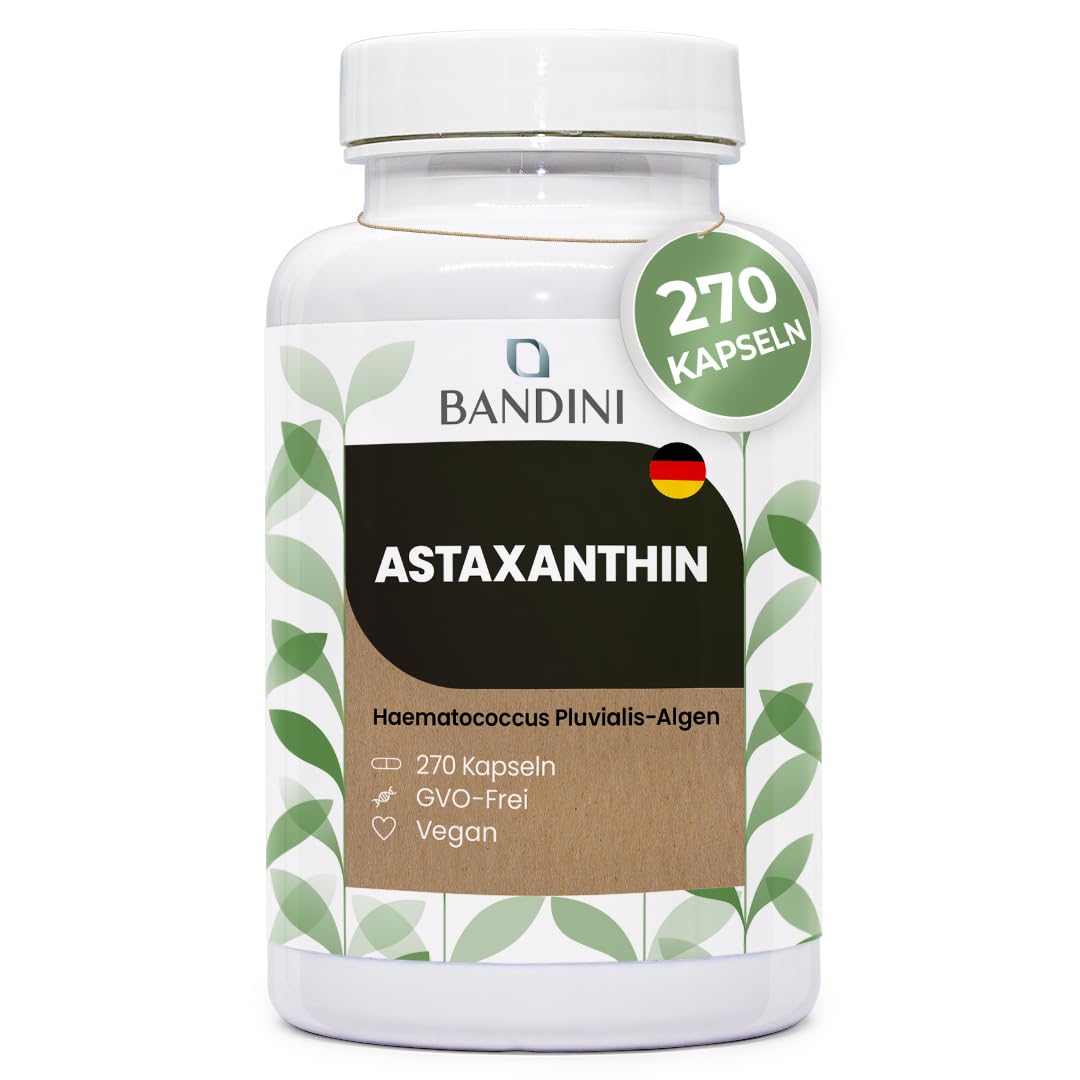 Bandini® Pure Astaxanthin 270 Kapseln, 9 Monate Vorrat (1 Kapsel pro Tag), Alge Haematococcus Pluvialis - Natürliches Astaxanthin, frei von Magnesiumstearat, GMO-frei
