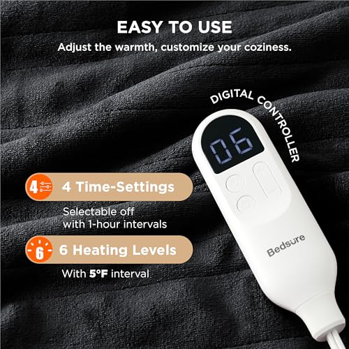 Image of Bedsure Heated Blanket Throw Blanket - Fast Heating Electric Blanket, Soft Flannel Heated Throw with 4 Time Settings, 6 Heating Settings, Warm Gifts for Grandma Grandpa (50x60 inches, Black)