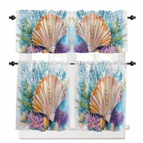 Coastal Beach Kitchen Curtains 36 Inch Length, 3 Piece Rod Pocket Small Half Tiers and Valance Set, Summer Ocean Colorful Shell Coral Small Large Window Treatment Decor for Bedroom/Bathroom Sink