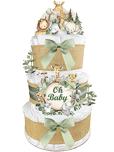 Image of Safari Diaper Cake - Gender Neutral Baby Gift - Gender Reveal - Burlap and Sage Green