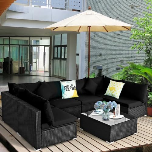 Image of DEVOKO 6 Seater Black Wicker Rattan All Weather Furniture with Glass Top Table for Outdoor, Indoor, Garden, Patio, Pool, Terrace