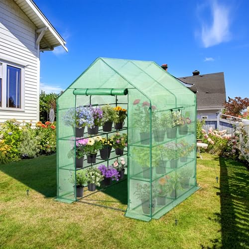 Image of EAGLE PEAK Walk in 3-Tier Greenhouse with Wire Shelves, Portable Indoor and Outdoor Green House with Roll-Up Zippered Door & 2 Roll Up Windows, 8 Shelves, 56 inchx56 inchx77 inch, Clear /Green PE Cover