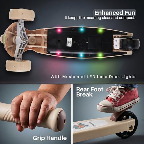 Image of Baybee Dino Blaze Kick Scooter for Kids | 3 Wheel Skate Scooter with RGB LED Wheels & Music | 3 Height Adjustable T-Bar Handle & Rear Brake | Foldable Skate Scooter for Kids 3 to 8 Years (Khaki)