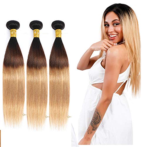 7A Grade Ombre Bundles Straight Hair 3 Bundles Ombre Human hair Honey Blonde Wavy Hair Brazilian Remy Hair Human Hair Weave Extensions 2 Tone #1B 27 Color 12 14 16 inch