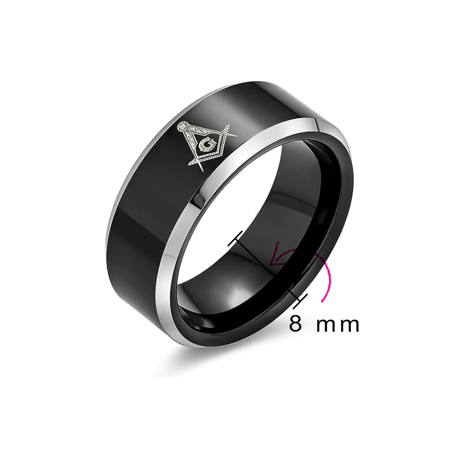 Bling Jewelry Anillo de Hombre de Titanio Negro Masónico con Compás y Escuadra Grabados con Láser Ajuste Cómodo 8MM