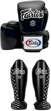 Fairtex BGV1 16 oz Black Glove + SP5 Black Medium Shin Guards