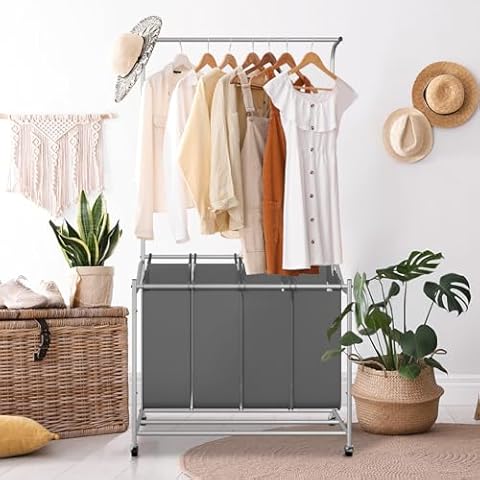 LUCKUP Laundry Sorter 4 Sections with Hanging Bar, 4 Bags Laundry Hamper Rolling Laundry Basket Cart with Lockable Wheels for Laundry Room Bathroom Bedroom, Dark Grey Cover