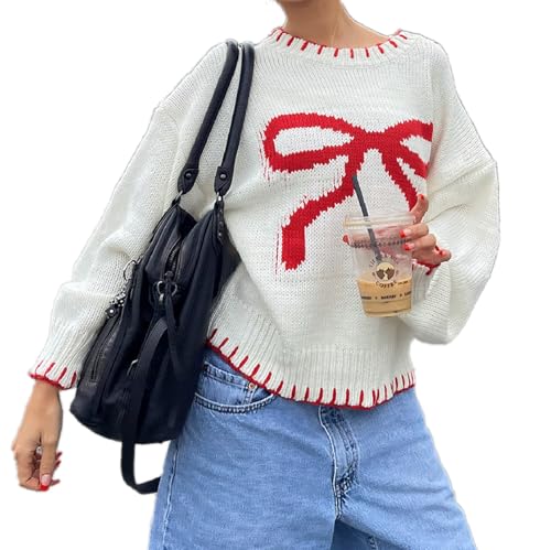 WZTYYDS Women Y2K Bow Knit Fall Winter Sweater Crew Neck Long Sleeve Knitted Pullover Oversized Knitwear