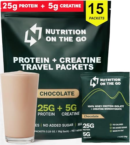 Nutrition On The Go Whey Protein Isolate Packets with Creatine - 25g Protein + 5g Creatine - Single-Serve Travel Protein Powder - 5.9g BCAAs, Keto & Low-Carb, Gluten-Free - Chocolate (15-Pack)
