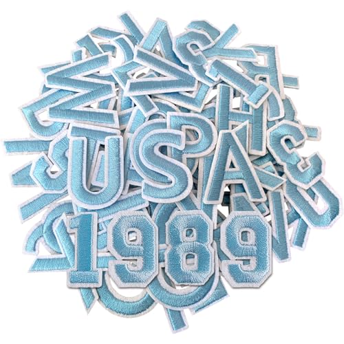 CXWLJL 72Pcs Letter and Number Patch, Iron on Patch for Clothes(Light Blue)